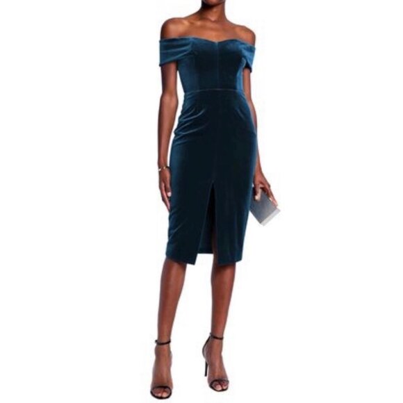 Nicholas Womans Velvet Off Shoulder Midi Dress Teal Blue Cocktail size 12 - Picture 1 of 16